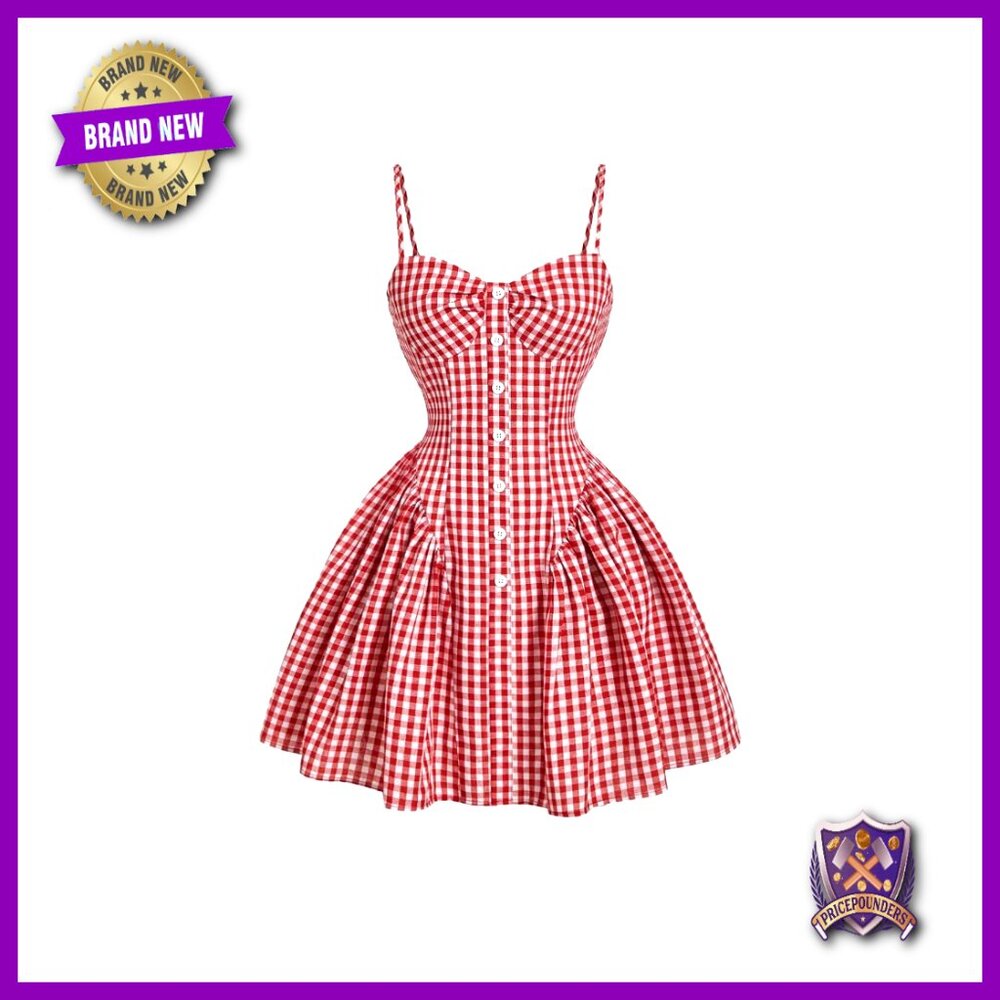 Plaid Cami Dress Spaghetti Strap Ruffle Hem Button Front Casual Chic